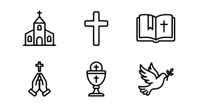 Christianity Icons Set: Church, Cross, Bible, Prayer, Communion, Dove