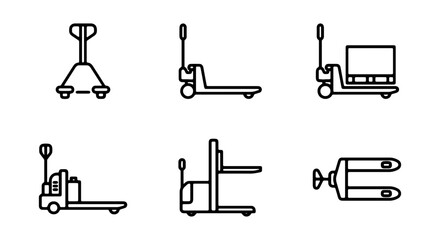 Pallet Jack Icons Set, Warehouse Equipment Vector Graphics, Material Handling Tools © RAKHI