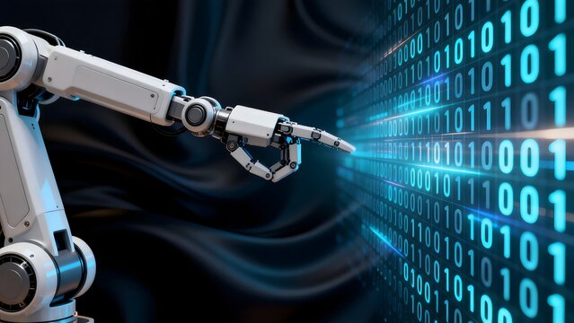Robot arm interacting with binary code