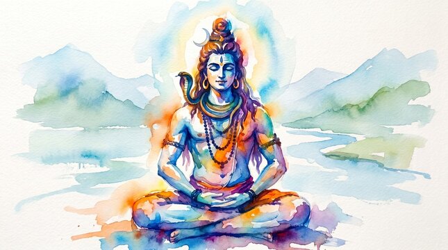 Watercolor painting of Lord Shiva meditating in serene mountain landscape, vibrant colorful spiritual background with clean white borders, generative AI art