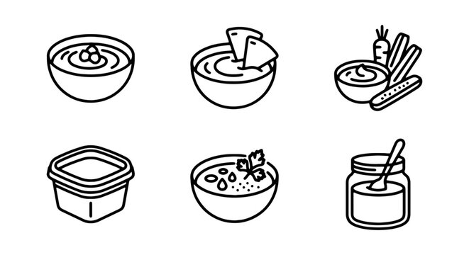 Dipping Sauces, Spreads, and Dips Icons: Hummus, Guacamole, Salsa, Yogurt, Cream Cheese