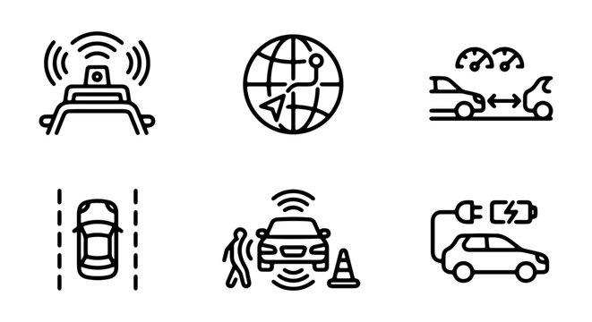 Autonomous Driving Icons, Smart Car Technology Set, Electric Vehicle Features, Navigation System