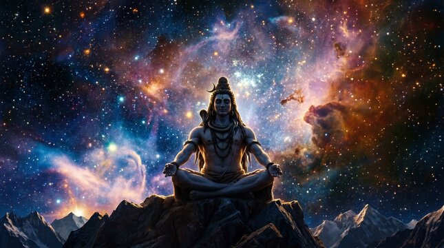 Lord Shiva meditating on dark rocky mountain peak, deep cosmic space background with vibrant colorful galaxy nebulae and stars, generative AI art