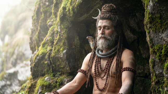 Hyper realistic depiction of Lord Shiva meditating in a mossy stone cave, sadhu ascetic with dreadlocks snake and rudraksha beads, generative AI art