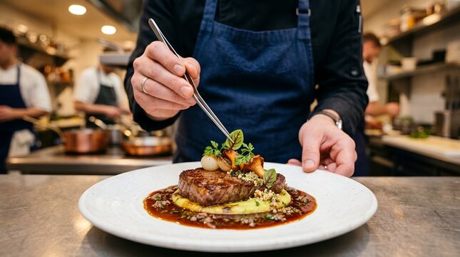 Professional chef plating a gourmet steak dish with tweezers