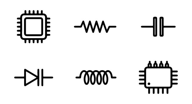 Electronic Components Icons: Microchip, Resistor, Capacitor, Diode, Inductor Set