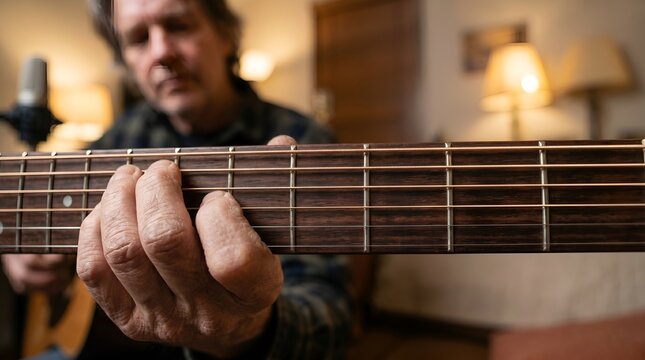 Close-up of man playing acoustic guitar at home