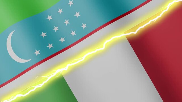 Two waving flags Uzbekistan and Italy with diagonal lightning seamless, 4k loop