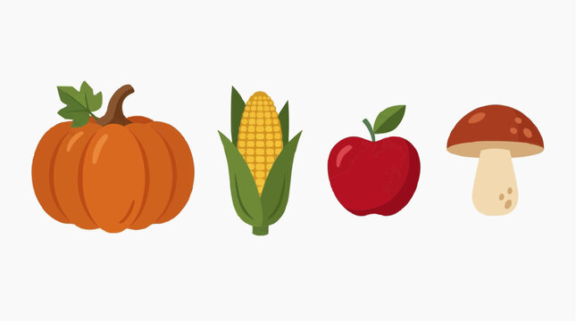 Autumn harvest assortment of pumpkin corn apple and mushroom isolated on white background Isolated on white background