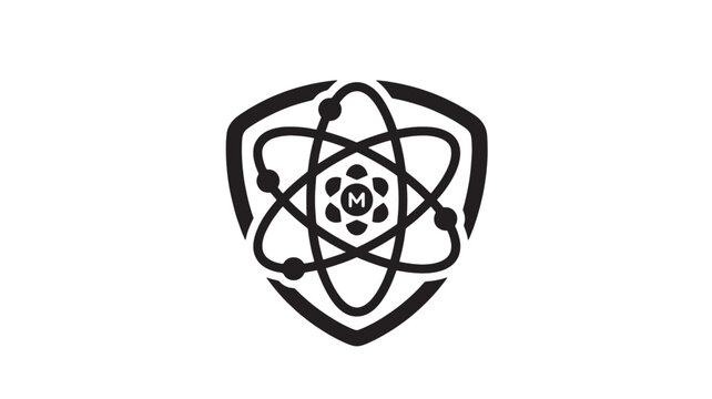 Black Shield Atom Logo With M Symbol On White Background For Science Technology Concepts
