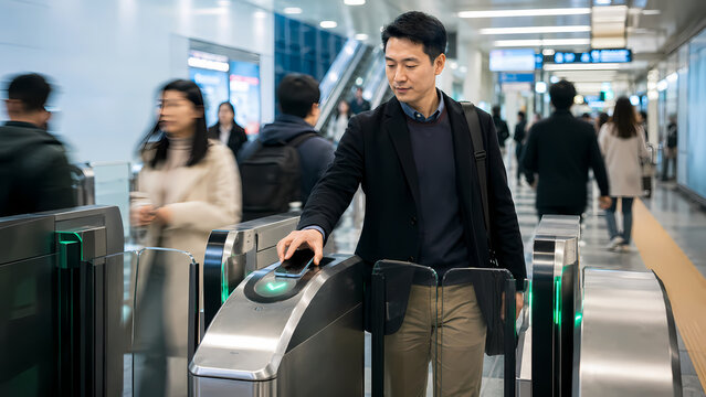 entering subway gate with phone tap and go