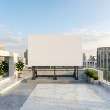 Modern Rooftop Terrace With Urban Skyline View.