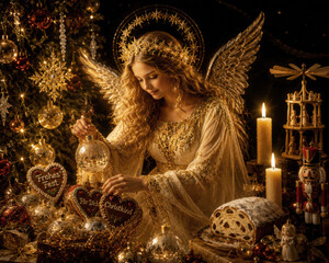 Obraz premium Festliches Christkind dekoriert liebevoll Weihnachtskugeln und Lebkuchenherzen vor goldenem Lichterglanz und verkörpert deutsche Weihnachtstradition.