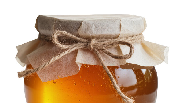 Isolated jar of delicious golden organic honey with rustic paper cap and twine bow