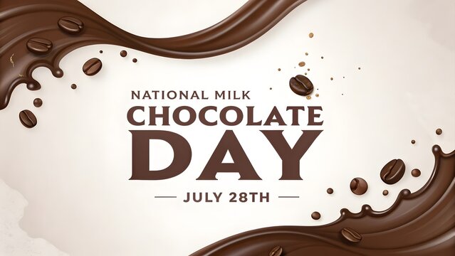 National milk chocolate day celebration poster featuring dynamic liquid chocolate swirls and roasted coffee beans on a clean minimalist cream background