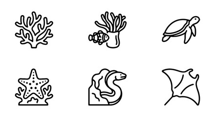 Ocean Life Icons: Coral, Turtle, Eel, Starfish, Ray, Fish Set © ROKON