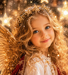 Naklejka premium Nahaufnahme eines liebevollen Christkinds mit leuchtenden Flügeln, goldener Krone und zauberhafter Weihnachtsatmosphäre voller Licht und Magie.