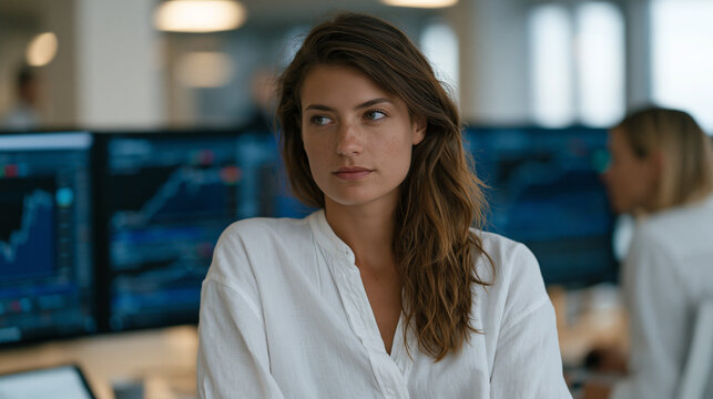 Financial analyst monitoring AI trading algorithm dashboard during pre-market hours, multiple screens showing real-time equity curves and risk flags, quantitative hedge fund floor