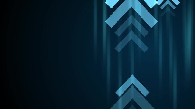 Abstract background with vertical light streaks and stacked white upward chevrons on the right, minimalist futuristic geometric composition animation