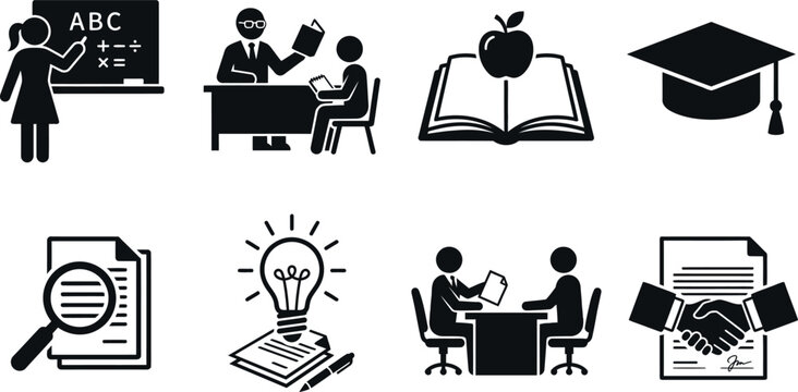 Education icons set teaching learning graduation research and academic success isolated on transparent background
