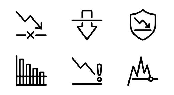 Business Decline Icons, Financial Loss Symbols, Downturn Graph Vector Set