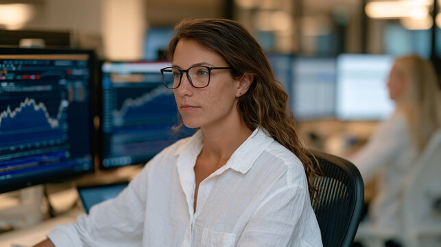 Financial analyst monitoring AI trading algorithm dashboard during pre-market hours, multiple screens showing real-time equity curves and risk flags, quantitative hedge fund floor
