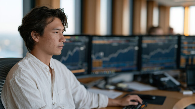 Financial analyst monitoring AI trading algorithm dashboard during pre-market hours, multiple screens showing real-time equity curves and risk flags, quantitative hedge fund floor