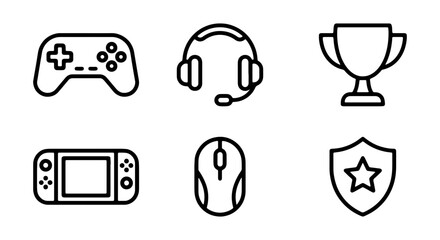 Gaming Icons Set: Controller, Headset, Trophy, Console, Mouse, Shield Vector Graphics © MONIKA