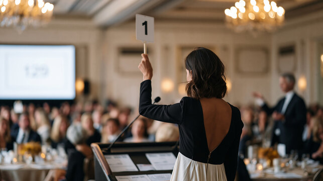 Charity auction bidder raising a numbered paddle inside a decorated event hall, rows of bidders seated before a projected lot number, auctioneer gesturing at a podium, round