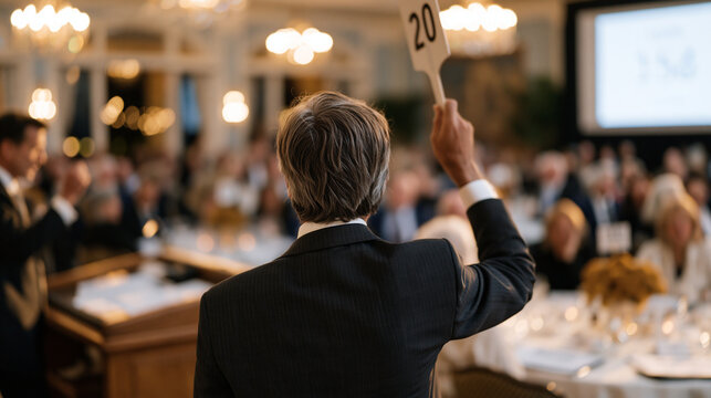 Charity auction bidder raising a numbered paddle inside a decorated event hall, rows of bidders seated before a projected lot number, auctioneer gesturing at a podium, round