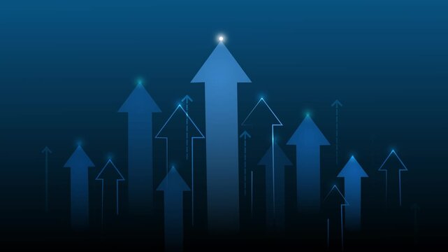 Abstract gradient background with multiple upward-pointing arrows of varying sizes and glow, symbolizing growth and progress animation