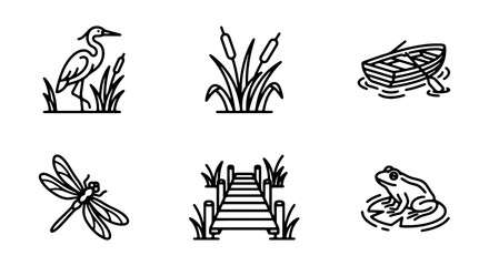 Nature Icons Set: Heron, Cattails, Rowboat, Dragonfly, Dock, Frog, Vector Art © MONIKA