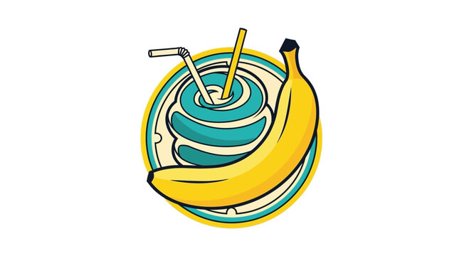 Vibrant Banana Smoothie Illustration Inside a Circular Design with Drinking Straws