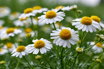 Fototapeta premium Daisies bloom in a green field during springtime