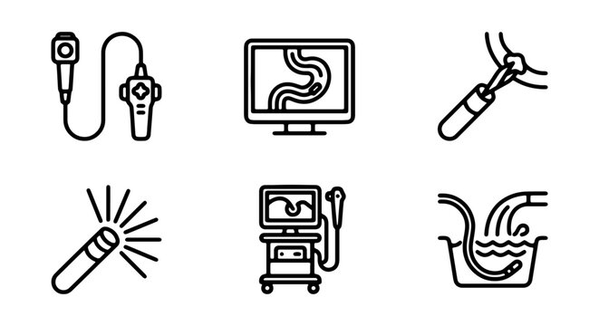 Medical Endoscopy Icons, Gastrointestinal Procedure Vector Set, Diagnostic Equipment Graphics