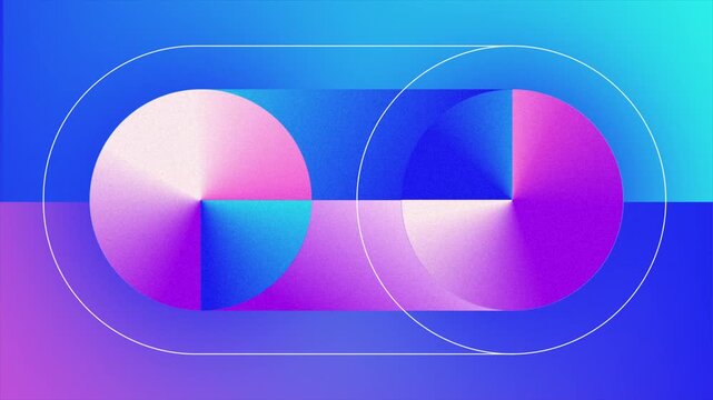 Vibrant geometric circles infographic abstract motion background, neon blue purple gradient shapes with rotating pie chart segments and rounded frame, modern loop animation design