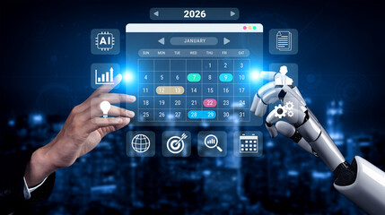 Fototapeta premium AI managing 2026 schedules and business calendars, automating event planning and optimizing productivity across organizational workflows Parse