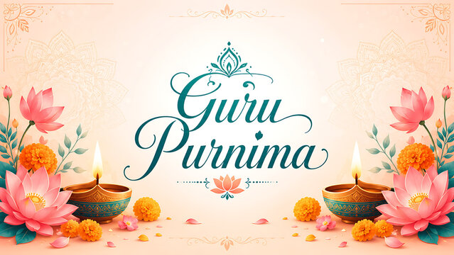 Guru purnima hindu relegious festival greeting with teal calligraphy lotus flowers glowing diya lamps mandala ornaments and soft peach devotional background decor