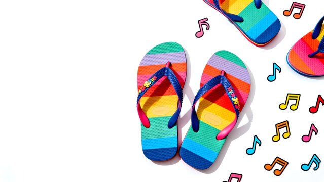 Colorful striped flip flops with musical notes
