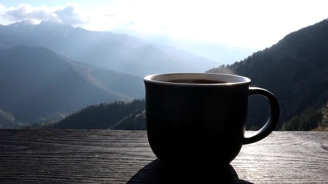 Hot coffee mug on rustic wooden table with misty mountain view