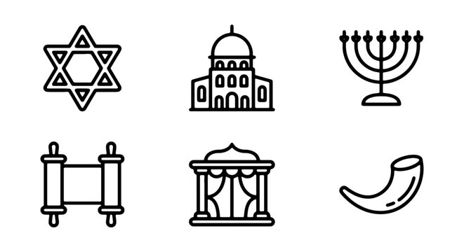 Jewish Symbols Icons Set, Star of David, Menorah, Torah Scroll, Shofar, Synagogue, Culture