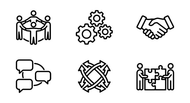 Teamwork, Collaboration, Partnership Icons: Business Synergy, Communication, Strategy
