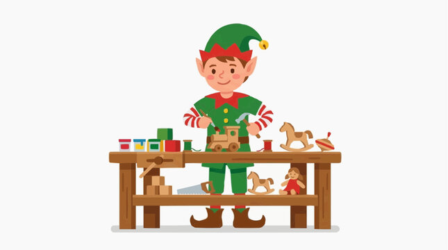 Christmas Elf Craftsman Building Toys at Workbench with Hammer and Tools Isolated on white background