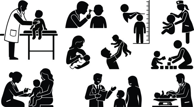 Pediatrician medical care and infant development silhouette set