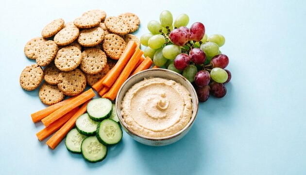 Hummus Bowl with Crackers Vegetables and Grapes on Light Blue Background