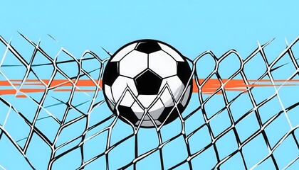 Naklejka premium Captivating graphic illustration: soccer ball impacts goal net with powerful victory action, bright blue sky visible, suitable competitive sports promotion.