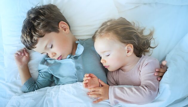 Peaceful young siblings soundly sleeping closely cozy white bedding tranquil overhead bedroom shot, excellent family commercial use.