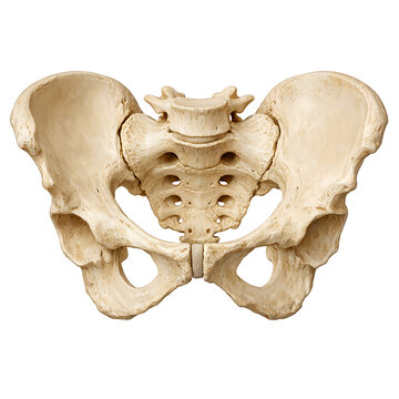 Anterior view of human pelvis bone showing sacrum ilium ischium and pubis on white back.