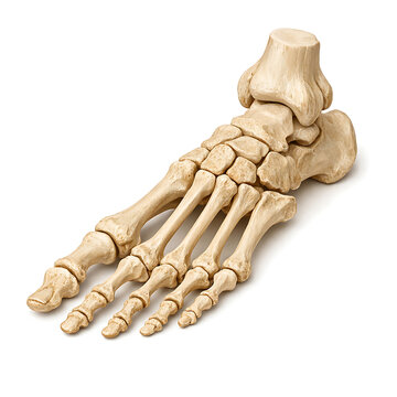 Detailed skeletal model of human foot and ankle showing tarsals metatarsals phalanges.