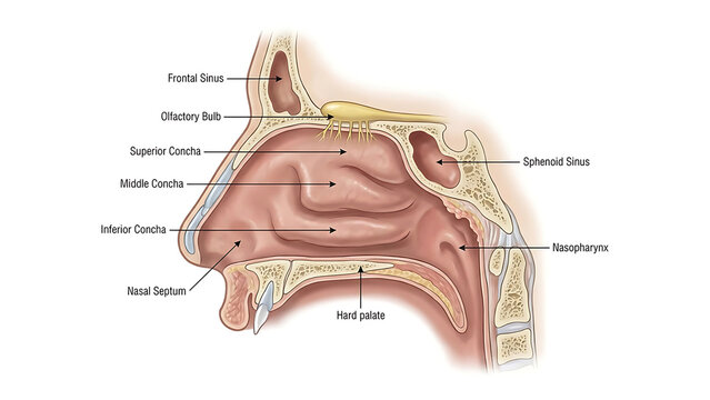 Sagittal view of human nasal cavity showing sinuses olfactory bulb conchae.